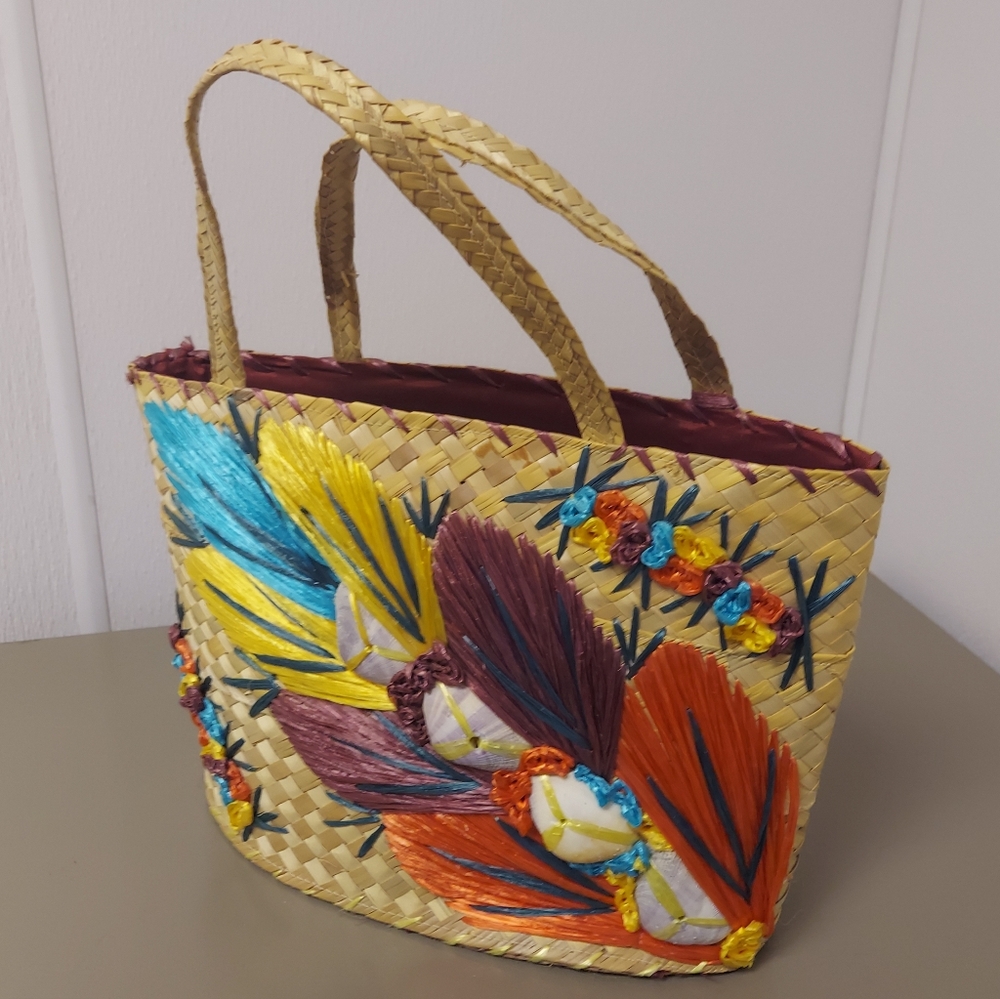 Vintage Floral & Shells Woven Tourist Bag Purse Raffia Straw Beach - Picture 2 of 13